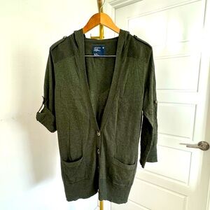 Women's Dark Green Button Down Front Pockets 3/4 Roll Up Sleeve Knit Cardigan XL